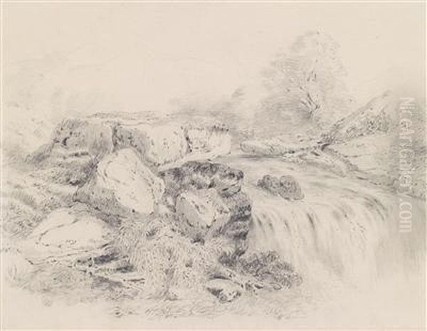 /attributed Landschaftsstudie Mit Einem Wasserfall Oil Painting by Jean-Baptiste-Camille Corot