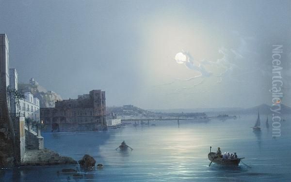 The Bay Of Naples At Night With Vesuviuserupting Oil Painting by Konrad Corradi