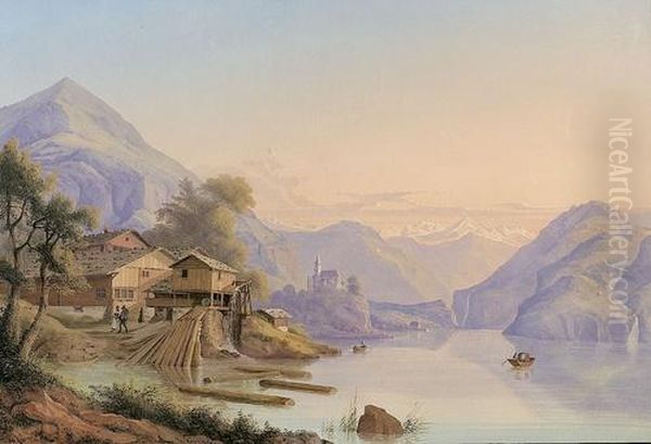 Abendliche Partie Am Brienzersee Mit Blick Gegen Diekirche. Oil Painting by Konrad Corradi