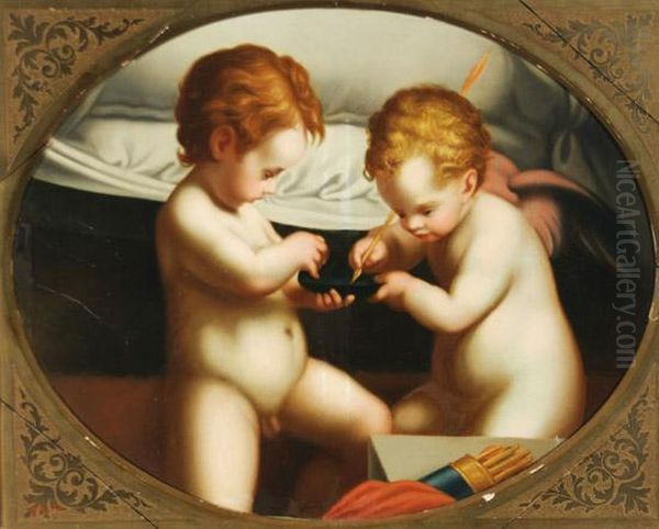 Two Putti Sharpening Arrows Oil Painting by Correggio, (Antonio Allegri)