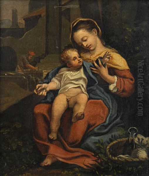 The Madonna And Child, With Saint Joseph In The Background Oil Painting by Correggio, (Antonio Allegri)