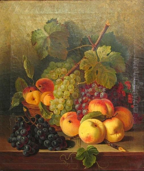 A Still Life Of Grapes And Other Fruit Resting On A Table Oil Painting by Josef Correggio