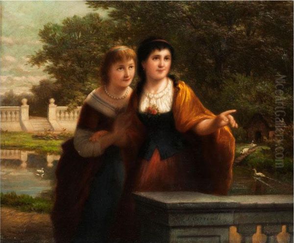 Zwei Junge Madchen An Einer Balustradeim Park Vor Einem Kanal Mit Enten Oil Painting by Jozef Cornelius Correns