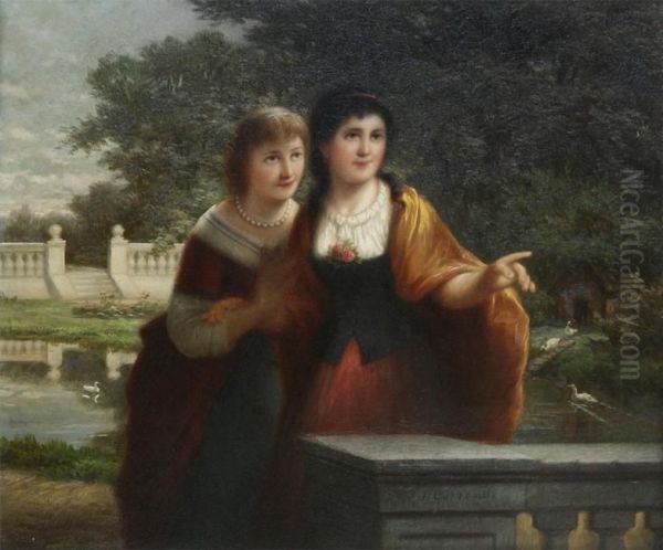 Two Girls In The Park Oil Painting by Jozef Cornelius Correns