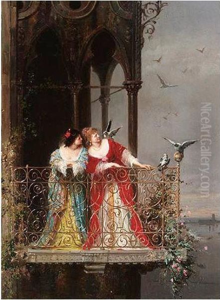 Two Ladies On A Balcony Oil Painting by Arnoldo Corrodi