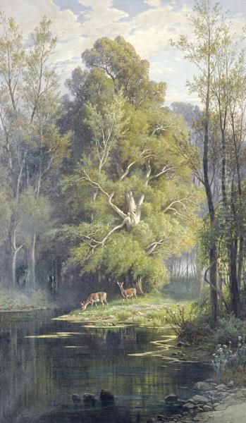 Deer Drinking At A Stream Oil Painting by Hermann David Salomon Corrodi