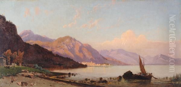 Paesaggio Lacustre Con Barca In Primo Piano Oil Painting by Hermann David Salomon Corrodi