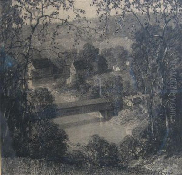 View Of Covered Bridge Oil Painting by Charles Schell Corson