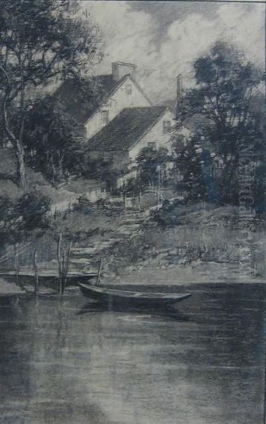 House On The Riverbank Oil Painting by Charles Schell Corson