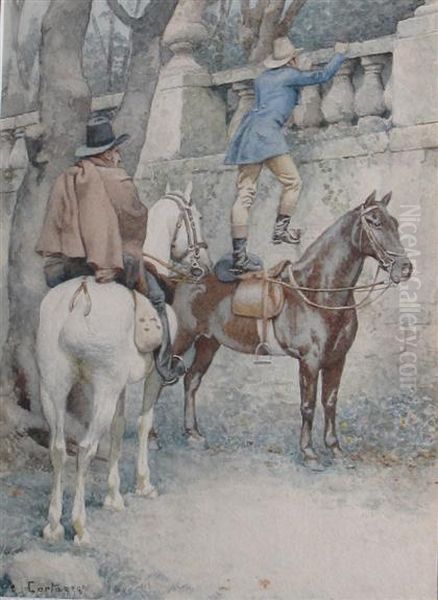 Two Horsemen Oil Painting by Oreste Cortazzo