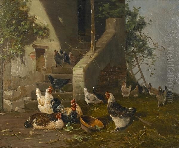 Roosters In A Farmyard Oil Painting by P.R. Corter