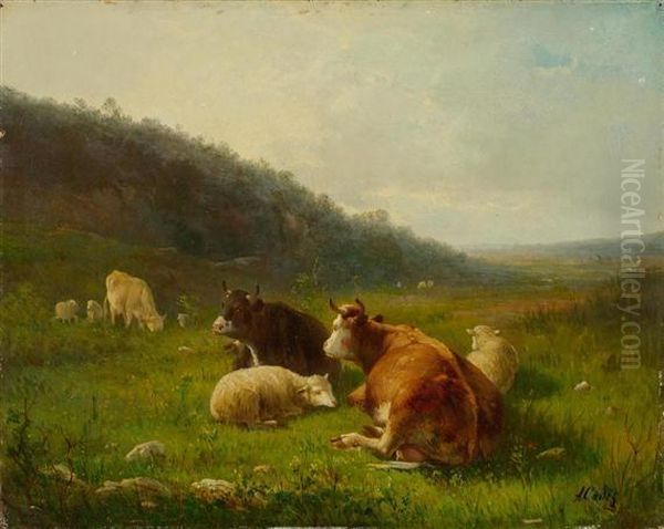 Pair Of Pictures: Landscape With Sheep Oil Painting by Andre Cortes