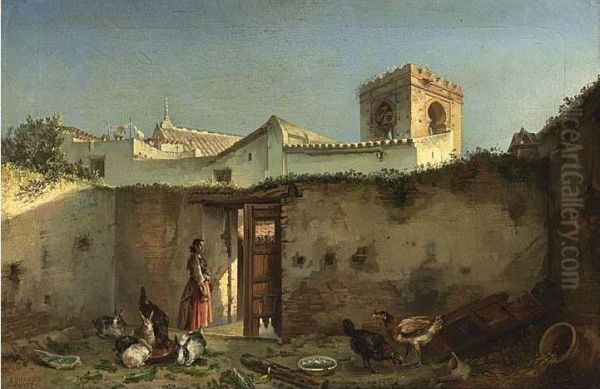 Woman Feeding Chickens, A Moresque Town Beyond Oil Painting by Eduardo Cortes Y Cordero