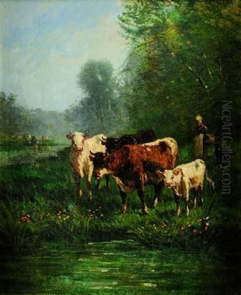 Bergere Menant Ses Vaches A L'abreuvoir Oil Painting by Andres Cortes Yaguilar