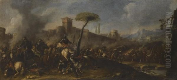 A Battle Scene Before A Fortified Town Oil Painting by Guglielmo Cortese Il Borgognone