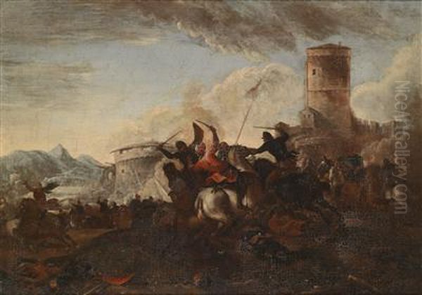 A Cavalry Engagement Near A Fortress Oil Painting by Guglielmo Cortese Il Borgognone