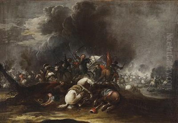 A Battle Scene Oil Painting by Guglielmo Cortese Il Borgognone