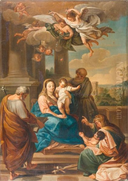 Holy Family Crowned With Flowers By Angels. Oil Painting by Domenico Corvi