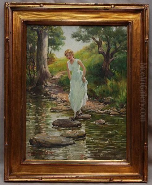 Girl In White Dress Crossing The River Oil Painting by Charles Abel Corwin