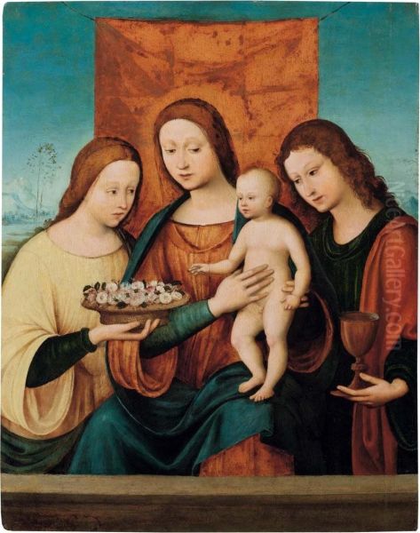 La Madonna Col Bambino Tra Santa Zita E San Giovanni Evangelista Oil Painting by Lorenzo Costa