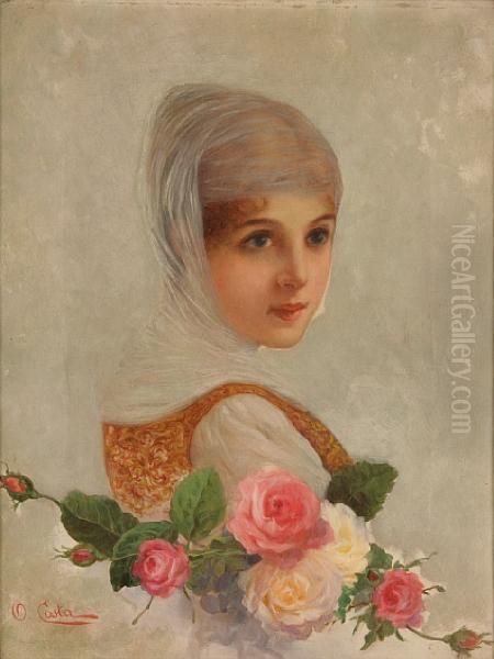 A Young Girl With Roses Oil Painting by Oreste Costa