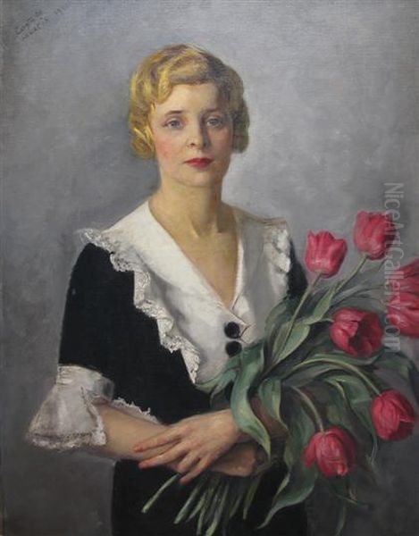 Portrait Of Marcia Holding Tulips Oil Painting by Pietro Costa