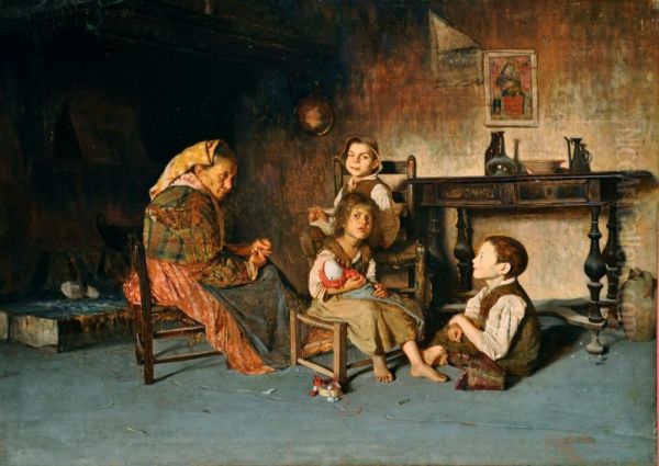 A Casa Con La Nonna Oil Painting by Giuseppe Costantini