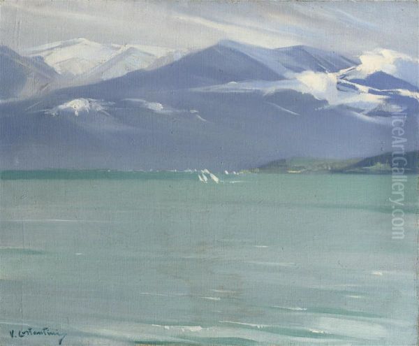 Wintersday At The Lake Lac De Thune, Switzerland Oil Painting by Virgilio Costantini