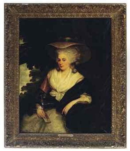 Portrait Of A Lady Wearing A Hat And Holding A Book In Alandscape Oil Painting by Richard Cosway