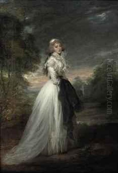 Portrait Of A Lady, Full-length, In A White Dress, Standing In Apark Landscape Holding A Dark Robe Oil Painting by Richard Cosway