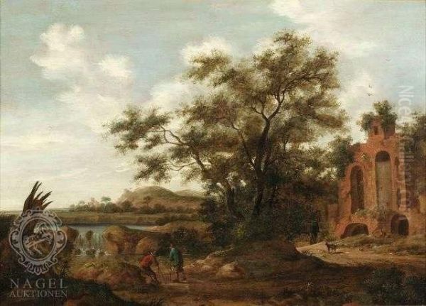 A River Landscape Withan Oak And Ruins Oil Painting by Pieter Cosyn