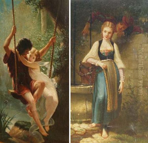 Springtime
 And 
Lovers Beside A Well Oil Painting by Pierre-Auguste Cot