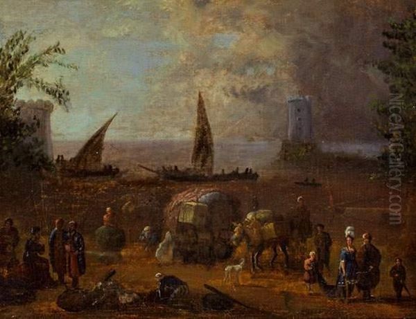 Vue D'un Port Avec Des Marchands Orientaux, Un Couple D'elegants, Et Des Animaux Charges Oil Painting by Jean II Cotelle