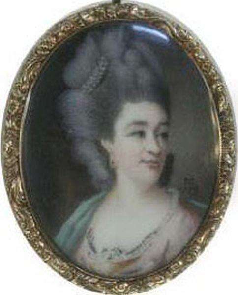 Miniature Of A Lady With Elaborate Coiffeur Initialled And Dated 1779 2 X 1.5in Oil Painting by Samuel Cotes