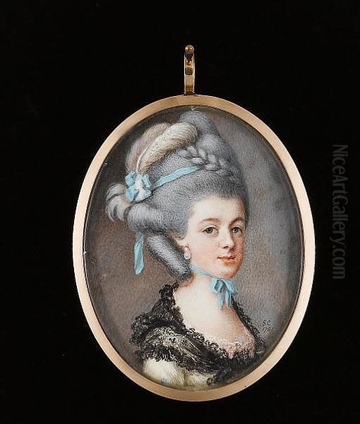 A Lady, Wearing White Dress, Pink Lace Underslip And Black Lace Shawl Tied About Her Shoulders, Drop Pearl Earring, Pale Blue Ribbon Tied About Her Neck, A Further Blue Ribbon And White Plume In Her Upswept And Plaited Powdered Hair Oil Painting by Samuel Cotes