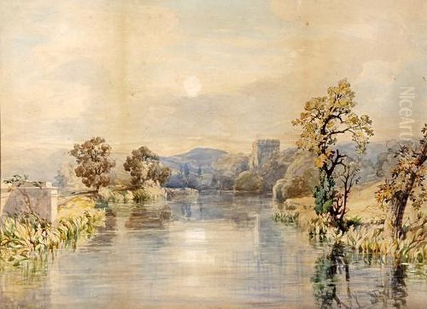 Extensive River Landscape With Castle Tower Oil Painting by John Joseph Cotman