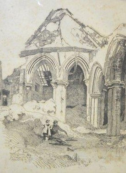 North Creake Abbey With Figures Oil Painting by John Sell Cotman