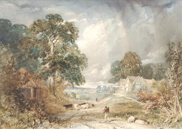 Cattle, Sheepand Figures In A Stormy Landscape Oil Painting by Miles Edmund Cotman