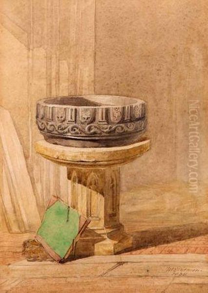 Font, Great Plumstead Church Oil Painting by Miles Edmund Cotman