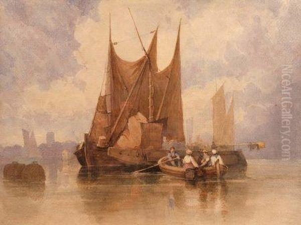 Coast Scenewith Figures In A Rowing Boat And Barges Oil Painting by Miles Edmund Cotman