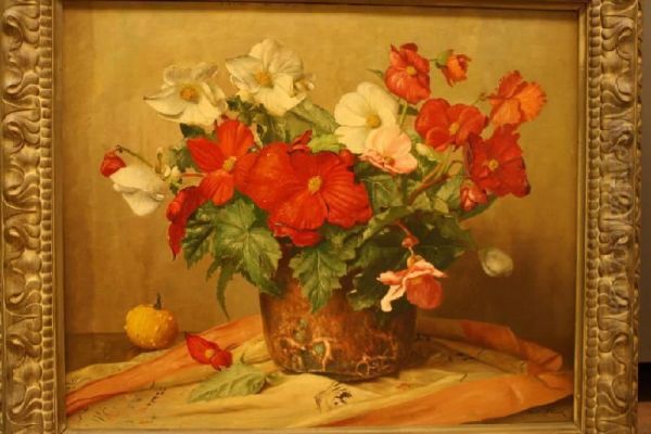 Stilleven Met Begonia En Pompoen Oil Painting by Piet Johannes Cottaar