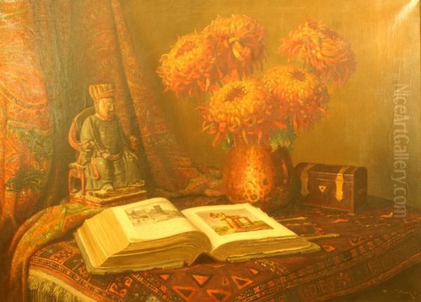 Gevarieerd Stilleven Van Boek, Chinees Houten Beeld, Bloemen En Kistje. Gesigneerd by Piet Johannes Cottaar