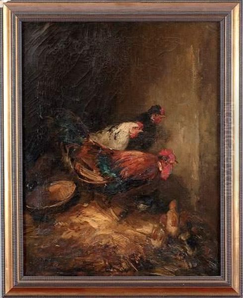 Coq Et Poules Au Poulailler Oil Painting by Eugene Cottin