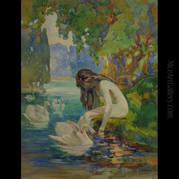 Bathing Nude With Swans Oil Painting by John Wesley Cotton