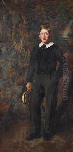 Portrait Of A Boy, Full Length, Standing Against A Tree Holding A Boater Hat Oil Painting by Marietta Cotton