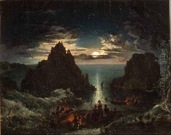 Faraglioni A Capri Di Notte Oil Painting by Felix Cottrau