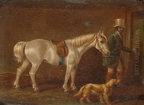 A Huntsman With A Grey Pony And His Gundog; A Saddled Pony And A Gundog Oil Painting by Henry S. Cottrell