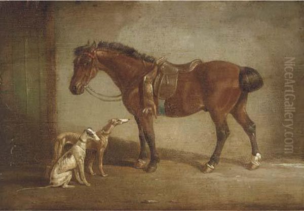 A Saddled Pony With Two Hounds Oil Painting by Henry S. Cottrell