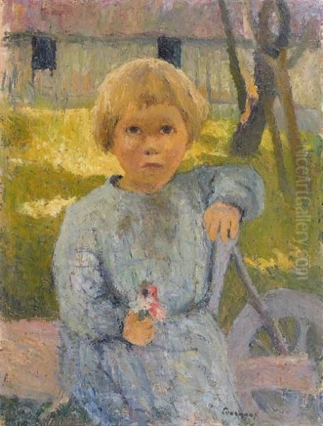 Enfant Assis Tenant Un Bouquet De Fleurettes Oil Painting by Marcel Couchaux