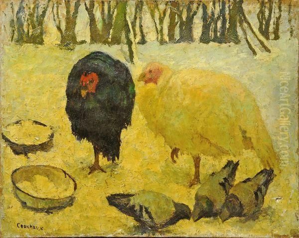 Dindons Et Pigeons. Oil Painting by Marcel Couchaux